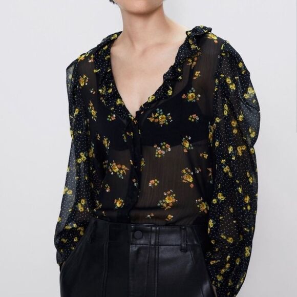 Zara Tops - Zara Women’s Sheer Floral V-neck Ballon Sleeve Blouse Cottagecore Size M